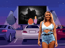 a woman in shorts stands in front of a screen with a haunted house