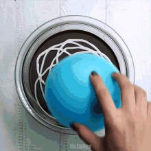 a person is holding a blue ball in a bowl with mr.cakes written on the bottom right