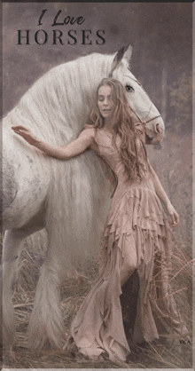 a woman in a long dress stands next to a white horse with the words " i love horses " on the bottom