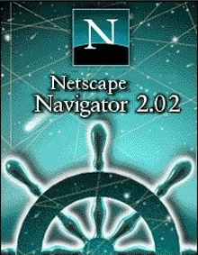 a blue poster with a steering wheel and the words netscape navigator 2.02