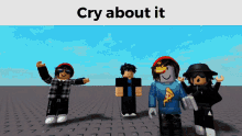 a group of roblox characters are standing next to each other with the caption " cry about it "