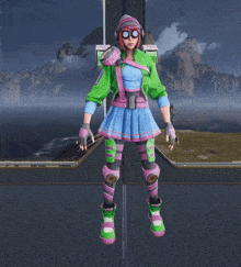 a girl in a green and pink outfit is standing in front of a landscape