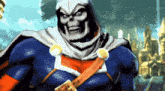 a skeleton in a superhero costume with a cape