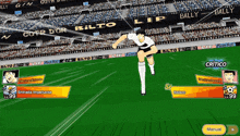 a soccer game is being played on a bally sponsored stadium