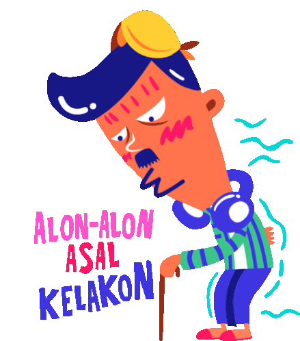 Mas With Cane And Wrinkles And Caption Taking It Slow In Indonesian Sticker - Mas Bedjo And Hip Hop Alon Alon Asal Kelakon Backache Stickers