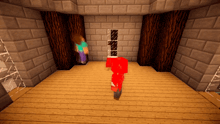 a person in a red shirt is standing in a wooden room
