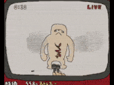 a cartoon drawing of a man with a worm on his back and the words live on the bottom