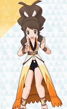 a cartoon character is wearing a white and orange outfit with the letter v on it
