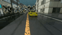 a yellow car is driving down a wet street
