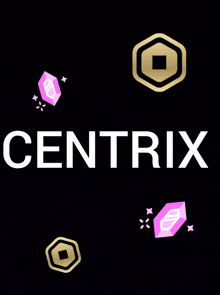 the word centrix is on a black background with purple crystals