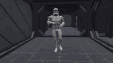a 3d model of a storm trooper standing in a dark hallway
