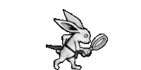a cartoon rabbit is looking through a magnifying glass .