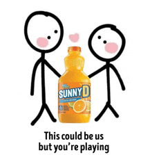 two stick figures holding hands in front of a bottle of sunny d