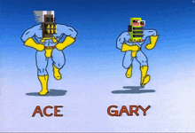 a cartoon of ace and gary running with a blue background