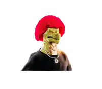 a person wearing a mask with a red wig and a necklace with a circle that says r on it