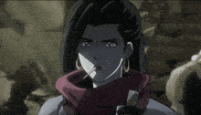 a cartoon of a woman applying lipstick with a red scarf around her neck