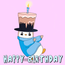 a happy birthday card with a penguin wearing a top hat and a cake