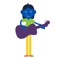 a blue cartoon character is holding a purple guitar and smiling