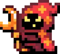 a pixel art drawing of a cartoon character with a red hood