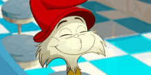 a cartoon cat wearing a red hat is smiling with his eyes closed