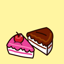 a cartoon drawing of two slices of cake with a fork sticking out of one of them