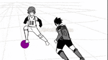 a black and white drawing of two soccer players with a purple ball .