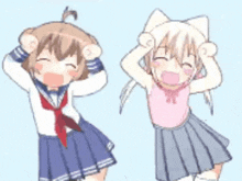 two anime girls are standing next to each other with their arms in the air