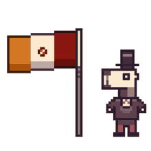 a pixel art drawing of a man in a top hat next to a flag