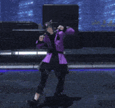 a person in a purple jacket and black pants is standing on a tiled floor