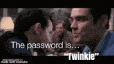 two men are talking to each other in a restaurant and the words `` the password is ... twinkie '' are written on the screen .