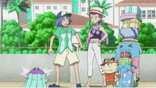 a group of cartoon characters are standing next to a stack of gifts