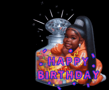 a girl is sitting in front of a jar of candy with the words happy birthday written on it
