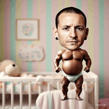 a cartoon of a man in a diaper standing in a baby crib