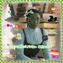 a picture of a woman with green hair and the words spellwoven canon