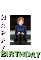 a happy birthday card with a picture of a girl sitting on steps
