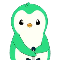 a cartoon of a green penguin holding a flower in its mouth