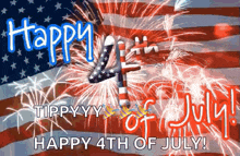 a happy 4th of july greeting card with fireworks and an american flag in the background