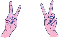 two pink hands making a peace sign on a white background