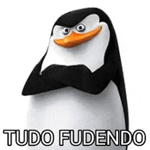 a penguin from spongebob squarepants with a mustache and the words tudo fudendo .