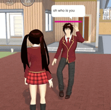 a girl standing next to a boy with a speech bubble that says oh who is you on it