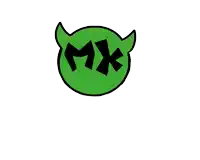 a green circle with devil horns and the letter mk on it