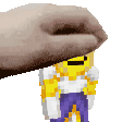 a pixel art of a hand holding a yellow cartoon character .