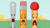 a cartoon drawing of a man standing next to pencils with faces on them