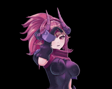 a girl with horns is wearing a purple outfit