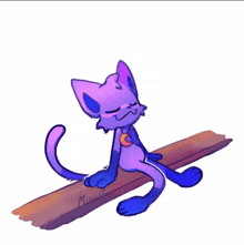 a drawing of a purple cat sitting on a wooden beam