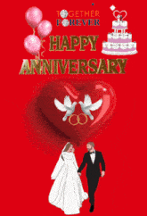 a happy anniversary greeting card with a bride and groom