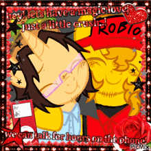 a cartoon of a man with a unicorn horn kissing another man on the cheek