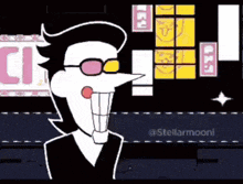 a cartoon character wearing sunglasses and a suit is standing in front of a window with a sign on it .