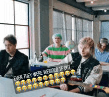 a group of people are sitting in a classroom with a sign that says " even they were weirded tf out "