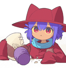 a drawing of a girl with blue hair wearing a red hat and scarf
